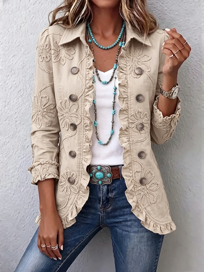 Boho-Chic Floral Embroidered Utility Ruffled Trim Jacket