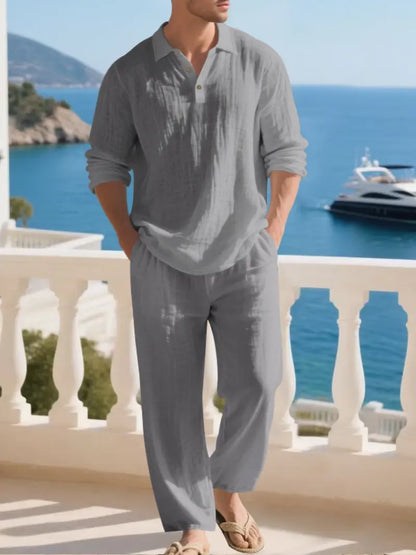 Men's Natural Linen Casual Set, Polo Neck Shirt & Loose Long Pants