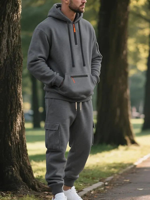 Men's 2-Piece Hooded Tracksuit Set | Casual Cargo Jogger Sweatpants & Oversized Hoodie | Streetwear Outfit