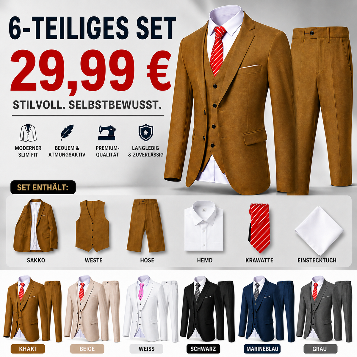 🔥Ausverkauf, begrenzter Lagerbestand 🔥 Herren‑Anzug mit Weste und Krawatte