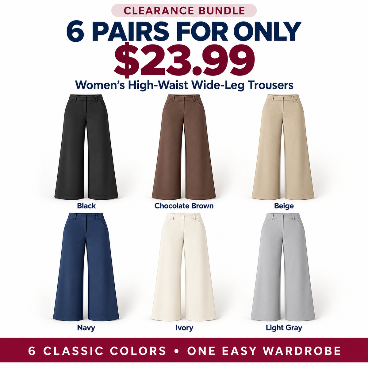👖 Women’s High-Waist Wide-Leg Trousers 🔥 6 PAIRS FOR ONLY $23.99 | 6 CLASSIC COLORS