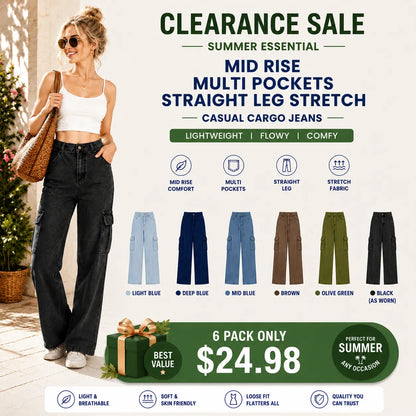 Mid Rise Multi Pockets Straight Leg Stretch Casual Cargo Jeans
