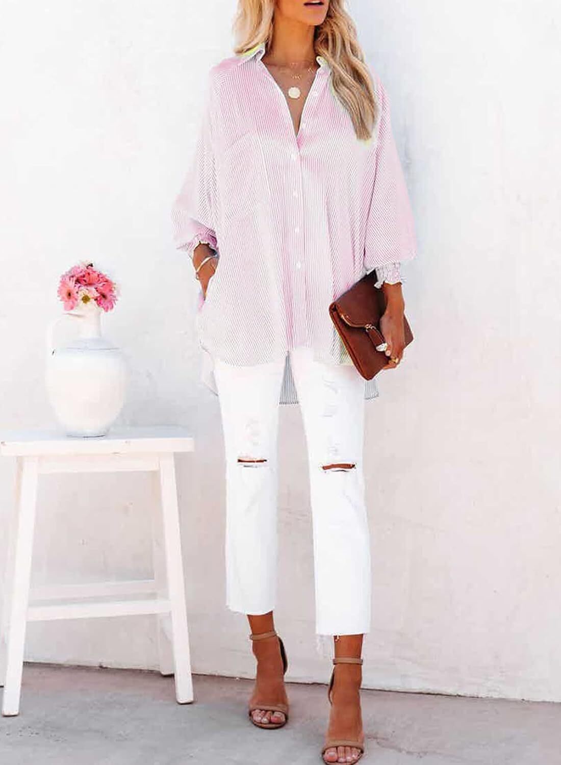 Women's Striped Oversized Button Down Shirt | Casual Long Sleeve Top