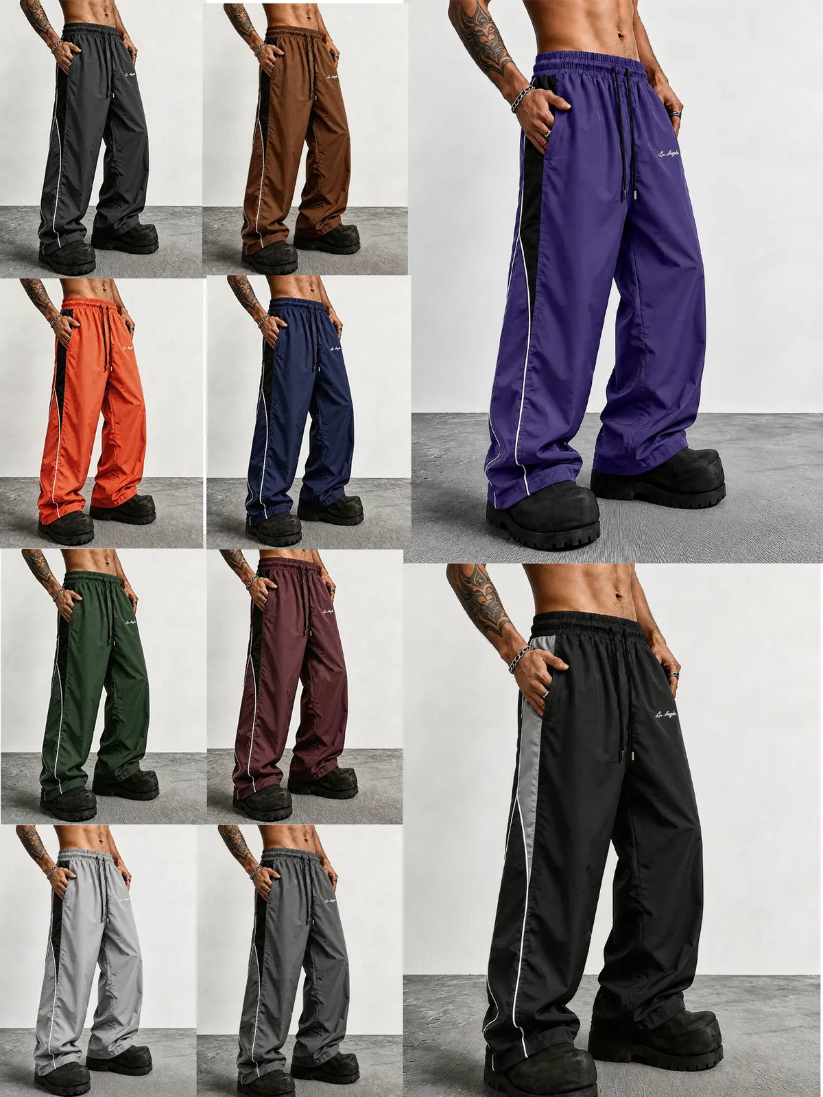 Men's Reflective Side Stripe Wide-Leg Streetwear Pants