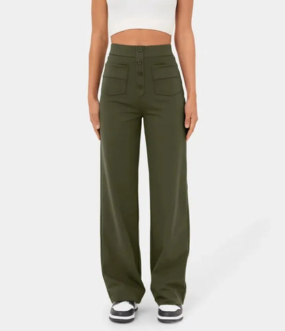 High Waisted Button Multiple Pockets Straight Leg Casual Pants