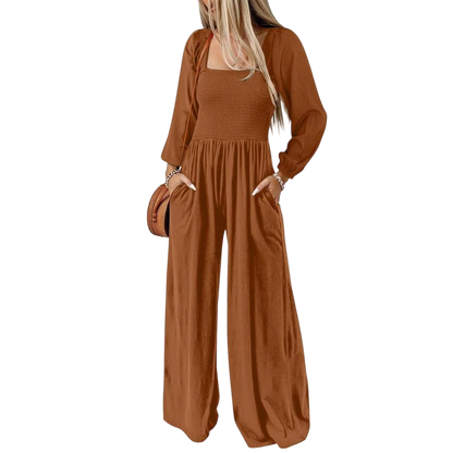 Women's Casual Loose Overalls Jumpsuits One Piece Long Sleeve Wide Leg Long Pant Rompers With Pockets