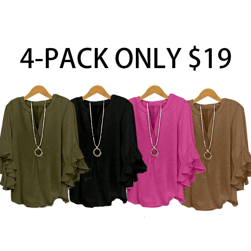 Plus Size Women's Ruffled Sleeve V-Neck Shirt Blouse Tops, Elegant Floral Design