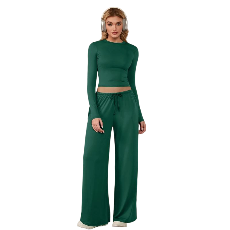 Women's 2-Piece Activewear Set Long-Sleeve Crop Top & Wide-Leg Pants Stretchy Fabric for Yoga