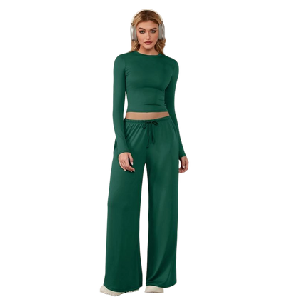 Women's 2-Piece Activewear Set Long-Sleeve Crop Top & Wide-Leg Pants Stretchy Fabric for Yoga
