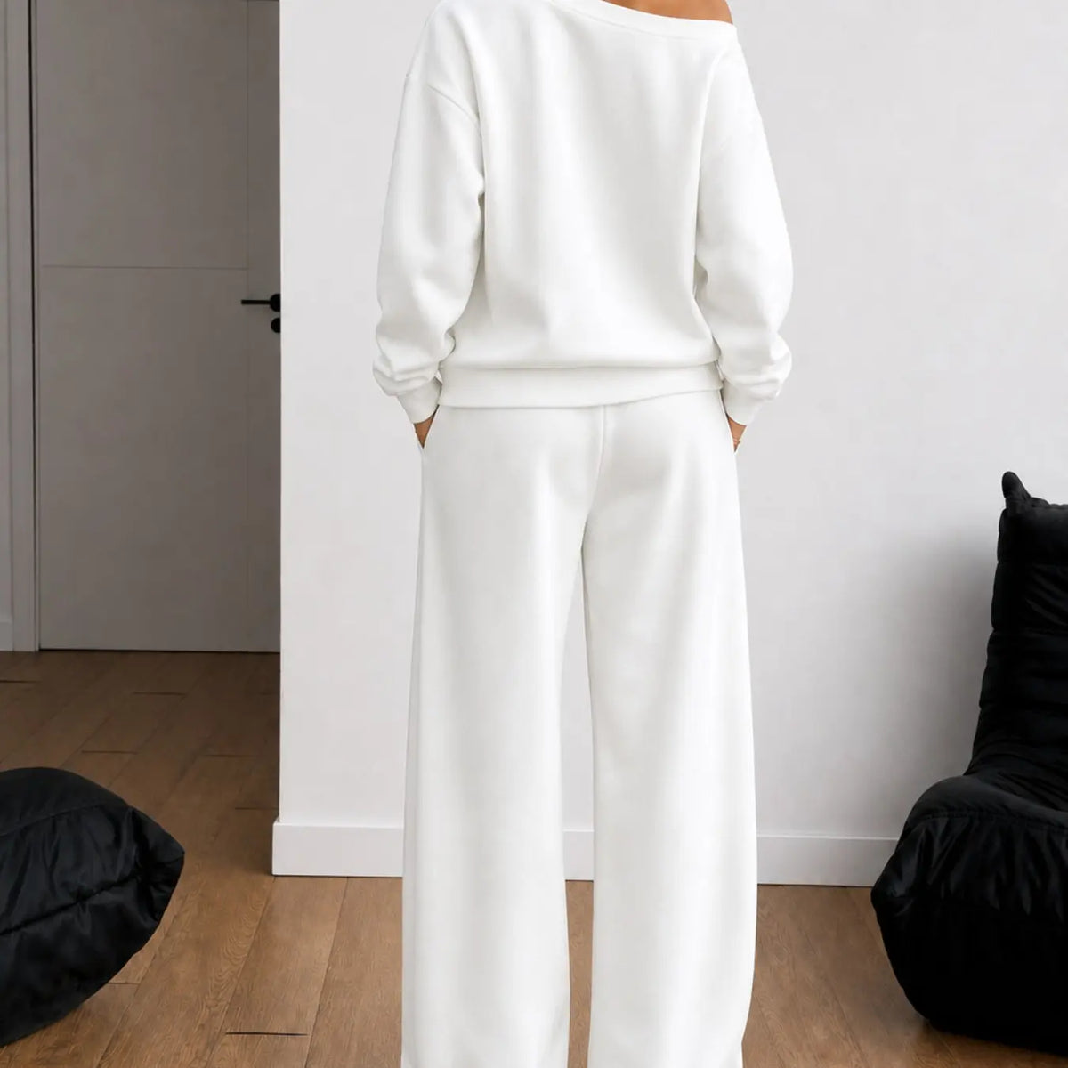 Women's 100% Cotton Two-Piece Set with Asymmetrical Sweatshirt & Wide-Leg Pants