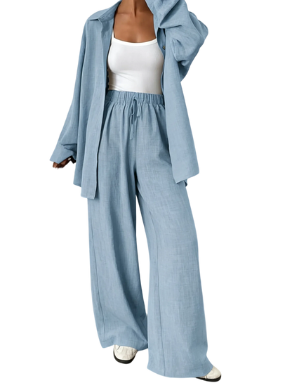Women's casual athletic-style shirt and pants set—a two-piece ensemble featuring a loose-fitting button-down shirt and wide-leg pants, both comfortable and stylish