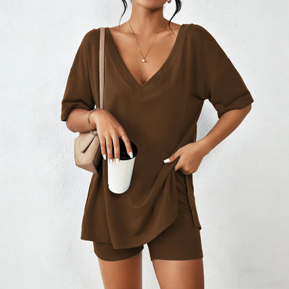 Women's V-Neck 2-Piece Loungewear Set Oversized Split Hem Top & High Waist Biker Shorts Casual Soft Pajamas