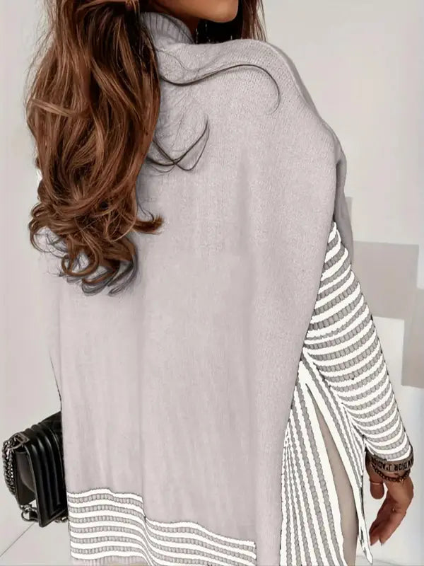 Women's Striped Patchwork Print Batwing Sleeve Split Hem Sweater