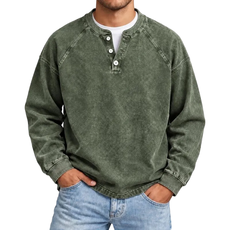 Distressed Washed Cotton Henley Long Sleeve Shirts