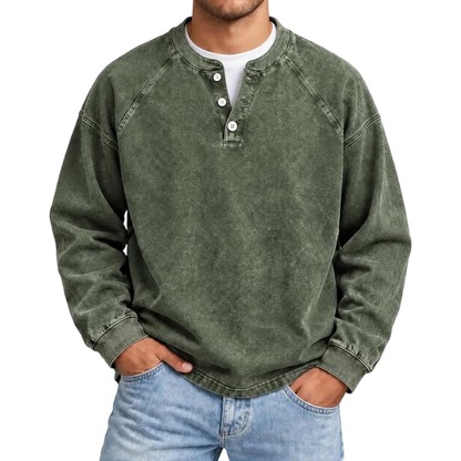 Distressed Washed Cotton Henley Long Sleeve Shirts