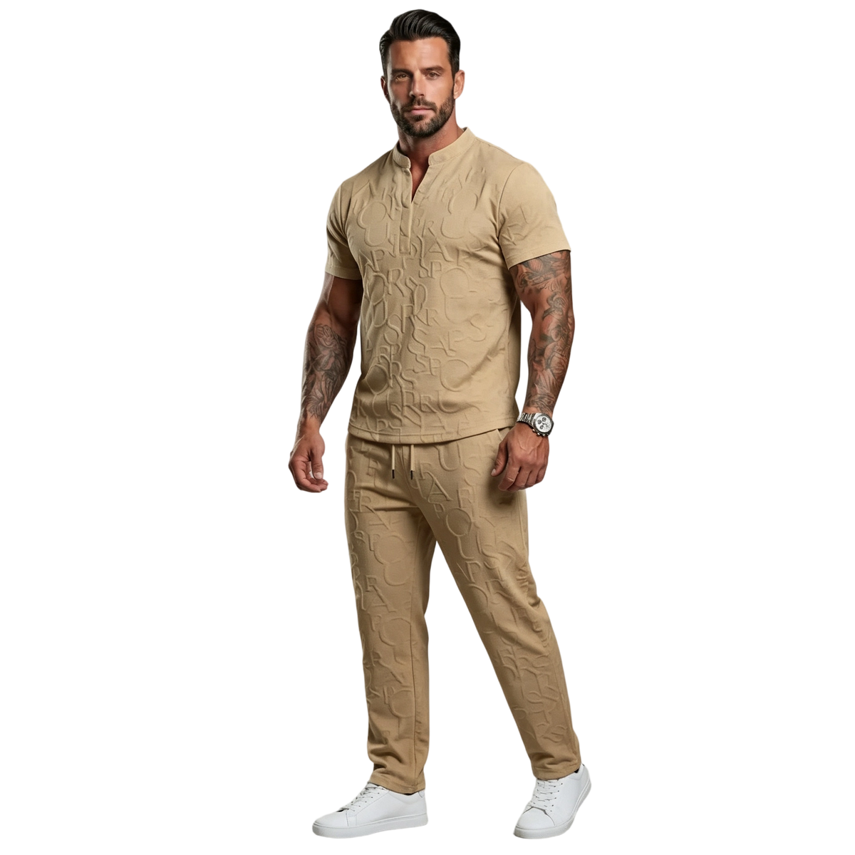 Men's Casual Textured Notched Neck Tee & Regular-Fit Drawstring Trousers