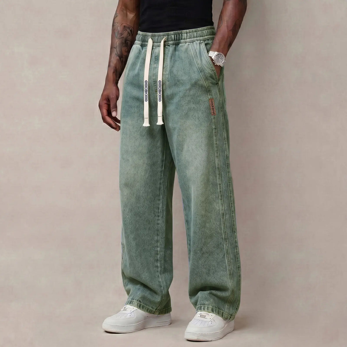 Men's Stretch 100% Cotton Loose Fit Jeans with Elastic Drawstring Waist
