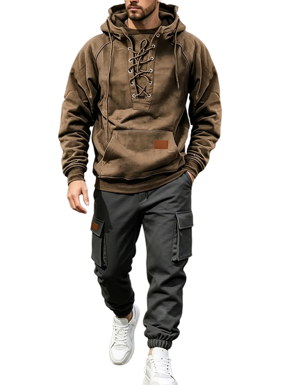 Men's Chest Tie‐Up Hoodie And Multi‐Pocket Ankle‐Cuffed Joggers
