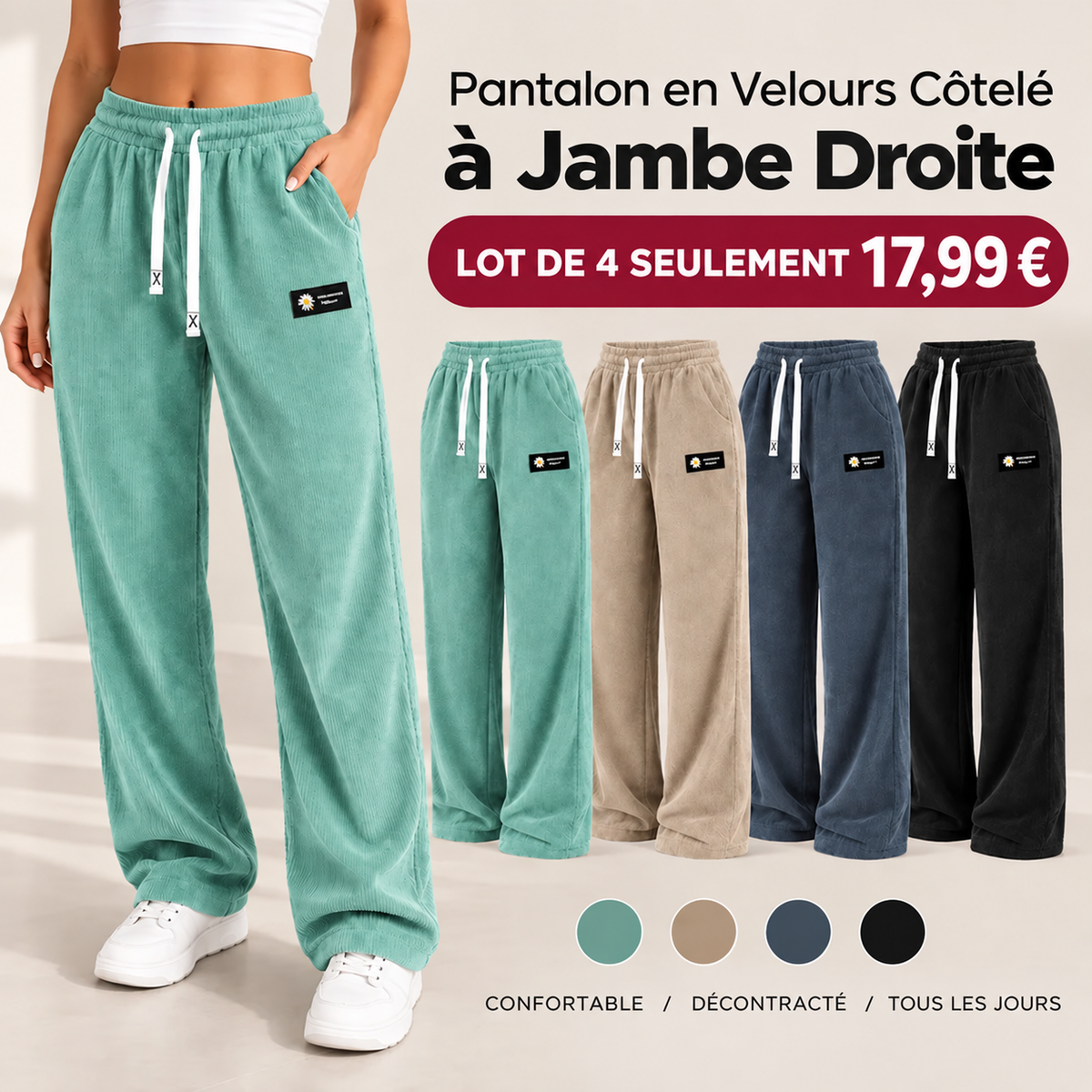 🏆  Einfarbige Damen-Cordhose mit geradem Bein