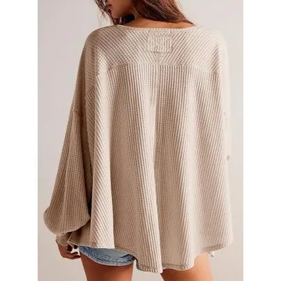 Womens Waffle Knit V Neck Oversized Lantern Sleeve Top