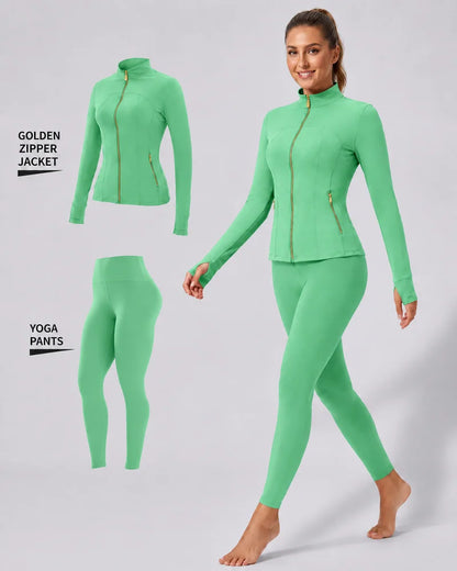 Women's Gold-Color Zip-Up Jacket & Yoga Leggings Set