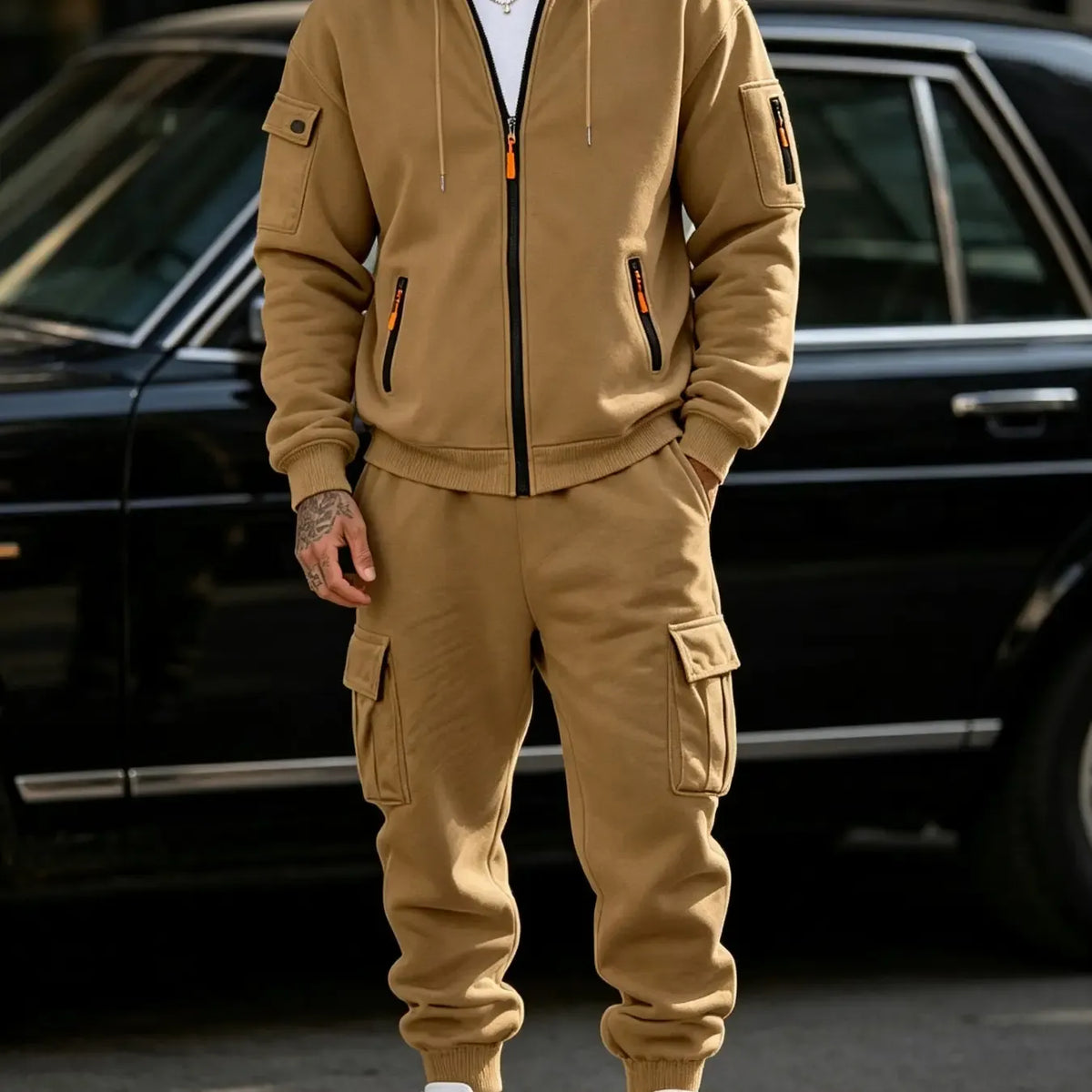 Men’s Cargo Tracksuit Set Full‐Zip Hooded Jacket + Pants (Polyester)