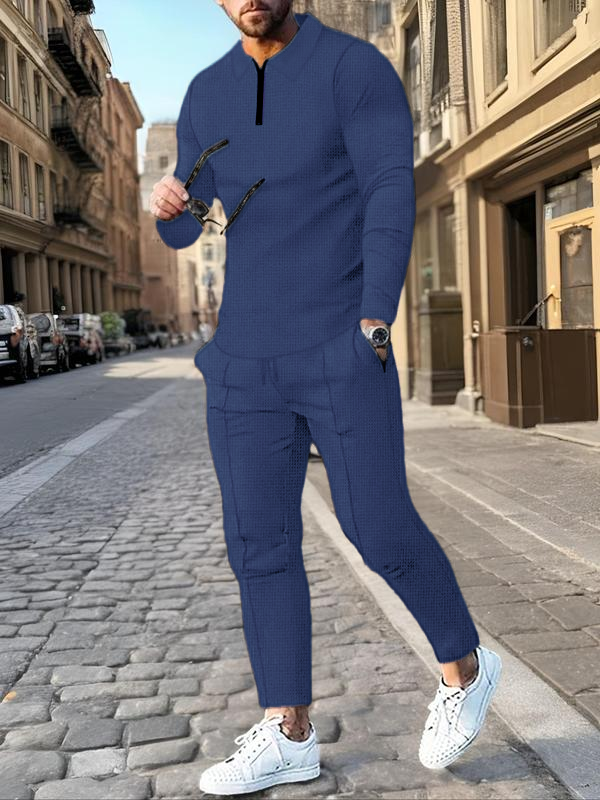 Men's Solid Textured Long Sleeve Polo Shirt & Drawstring Waist Pants Set