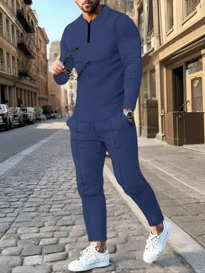 Men's Solid Textured Long Sleeve Polo Shirt & Drawstring Waist Pants Set