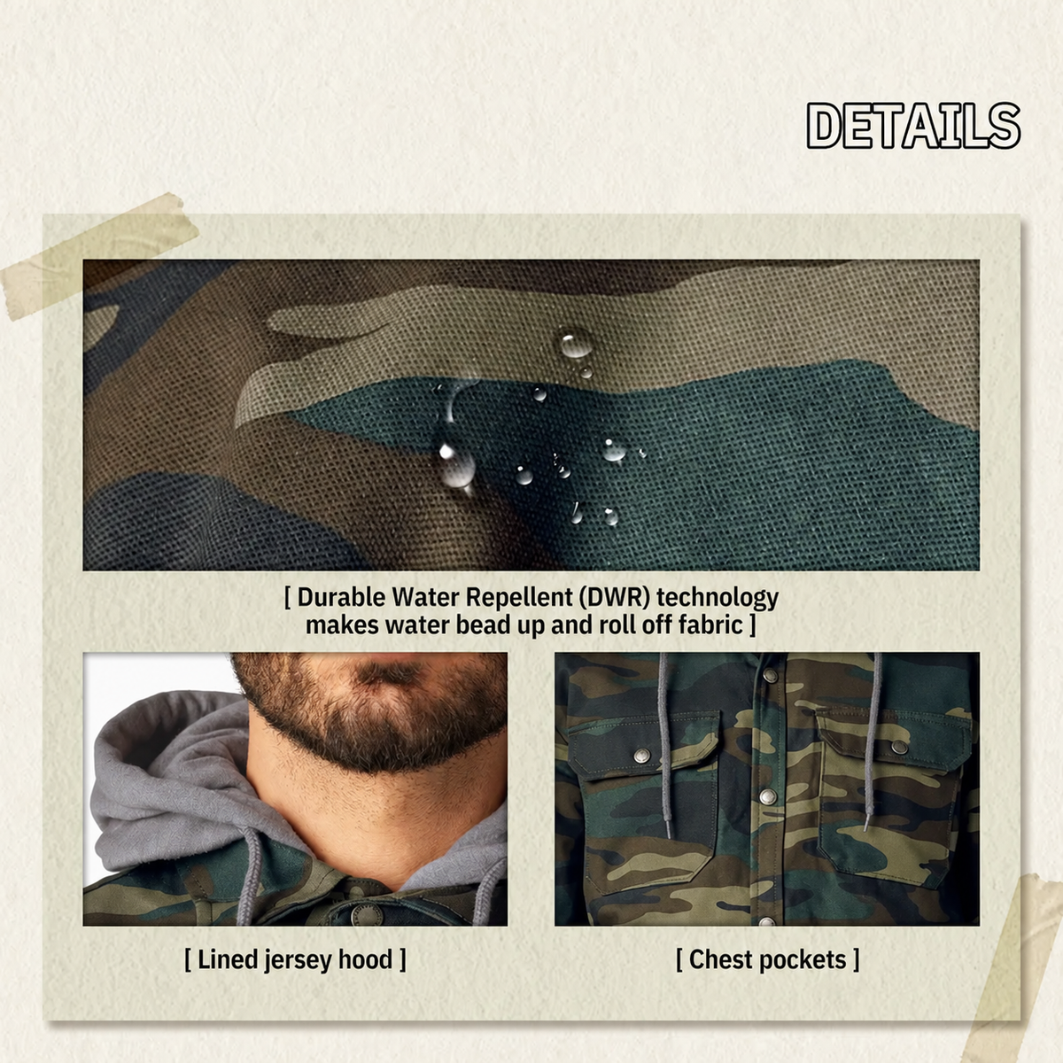 Water Repellent Duck Hooded Shirt Jacket for Men