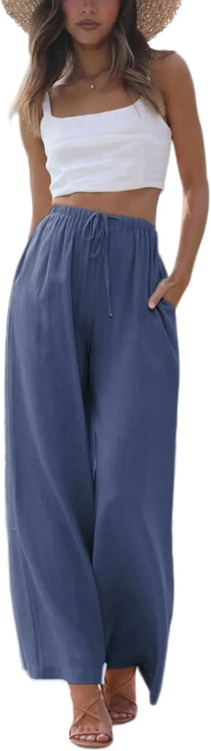 Women's Cotton Linen Summer Palazzo Pants Flowy Wide Leg Beach Trousers with Pockets