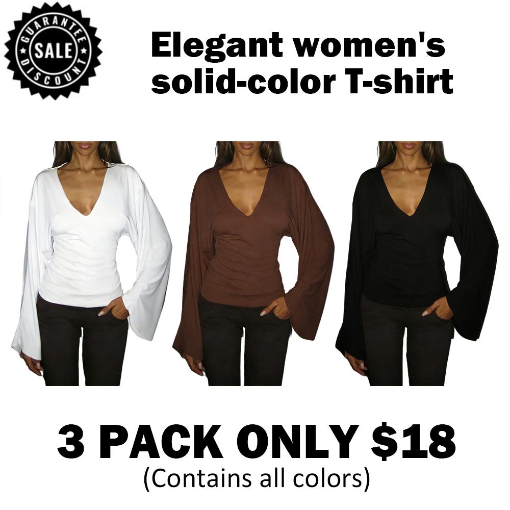 Elegant women's solid-color long-sleeved T-shirt, featuring a sexy deep V-neck and a slim-fit design