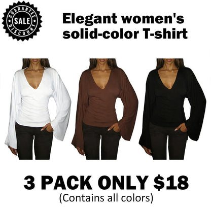Elegant women's solid-color long-sleeved T-shirt, featuring a sexy deep V-neck and a slim-fit design