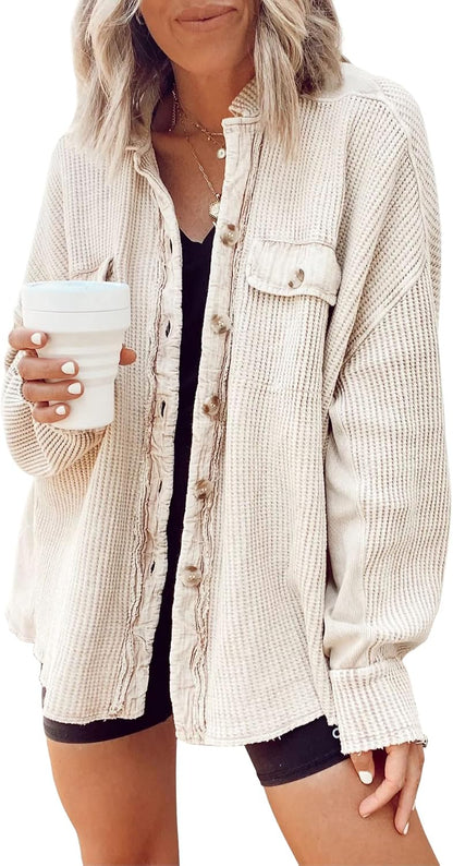🤲✨ Women's Oversized Waffle Knit Shacket 🧶 – Batwing Sleeve Button Down Casual Shirt Jacket 🍂🤎