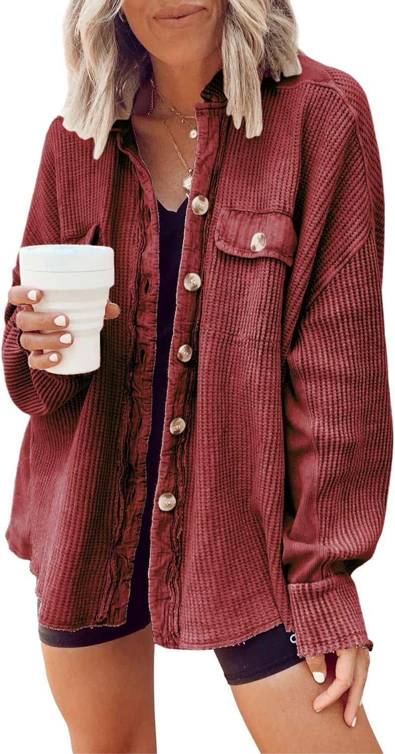 🤲✨ Women's Oversized Waffle Knit Shacket 🧶 – Batwing Sleeve Button Down Casual Shirt Jacket 🍂🤎