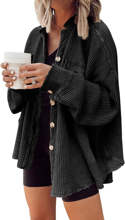 🤲✨ Women's Oversized Waffle Knit Shacket 🧶 – Batwing Sleeve Button Down Casual Shirt Jacket 🍂🤎