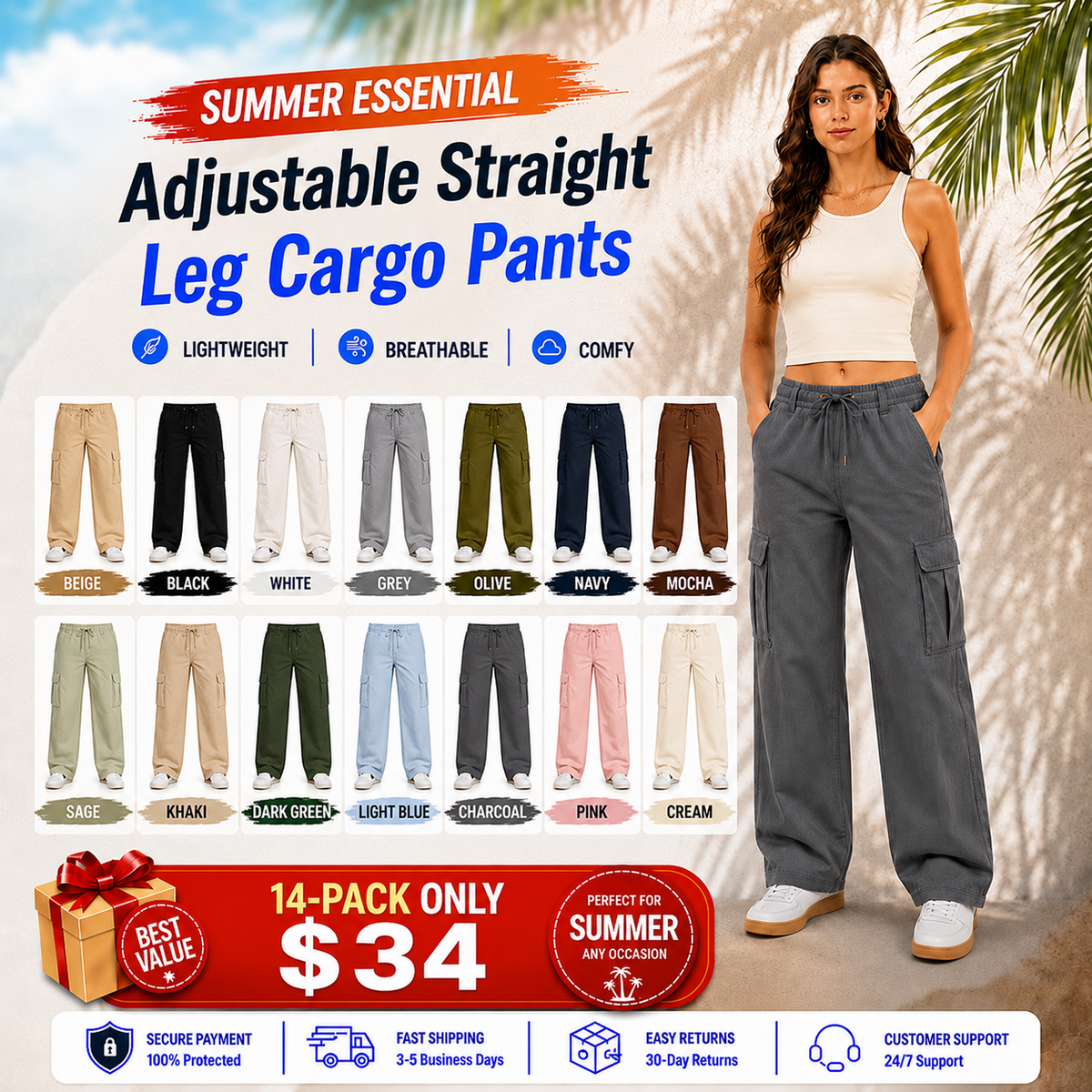 Adjustable Straight Leg Cargo Pants