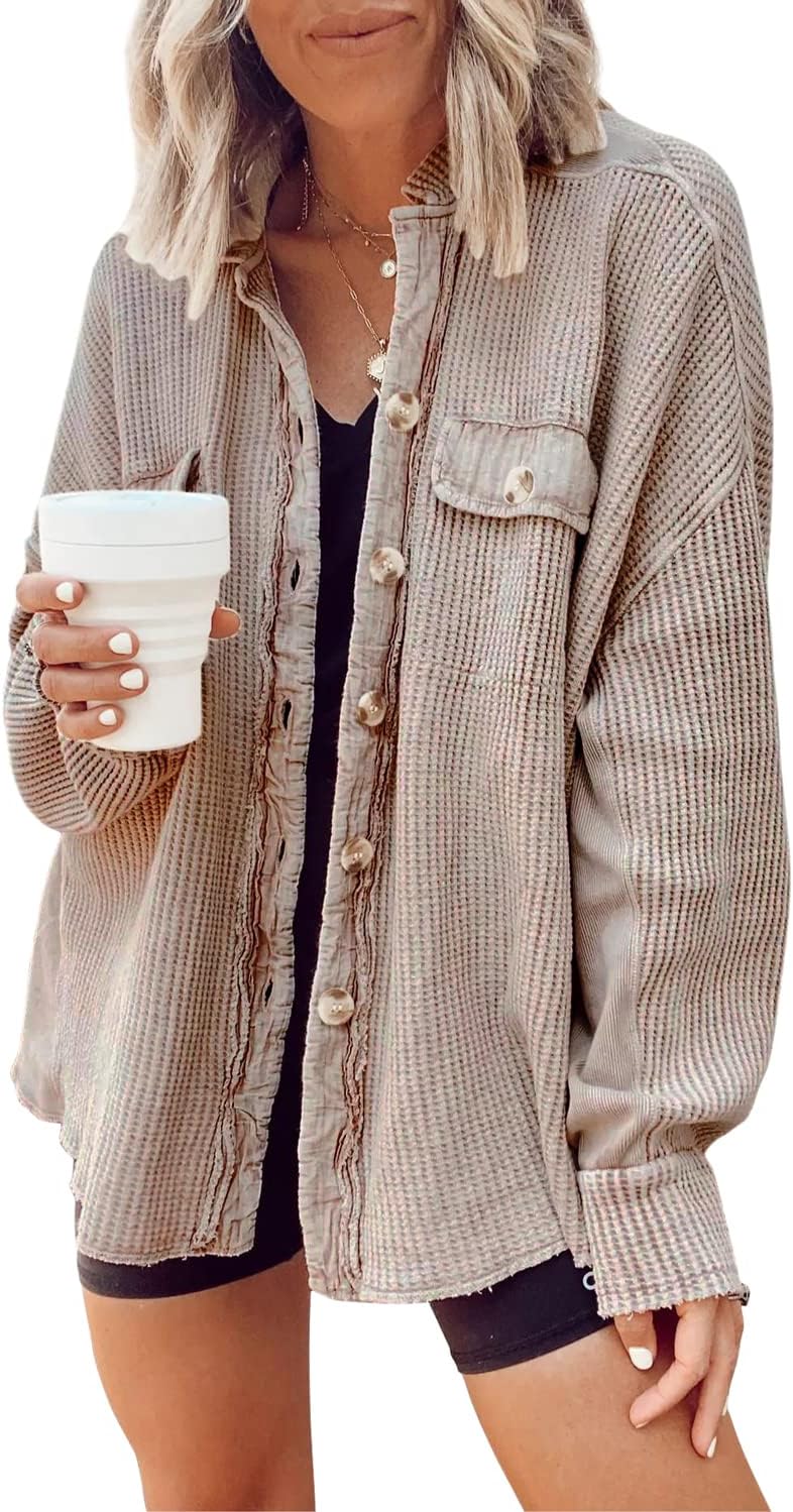 🤲✨ Women's Oversized Waffle Knit Shacket 🧶 – Batwing Sleeve Button Down Casual Shirt Jacket 🍂🤎