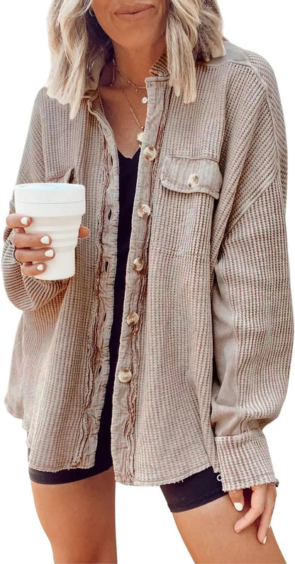 🤲✨ Women's Oversized Waffle Knit Shacket 🧶 – Batwing Sleeve Button Down Casual Shirt Jacket 🍂🤎