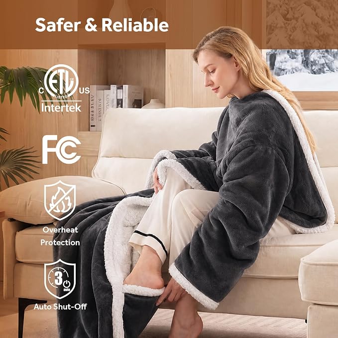 🎁 Sherpa Wearable Electric Blanket 🎄 Overheat Protection & Auto-Shutoff Function