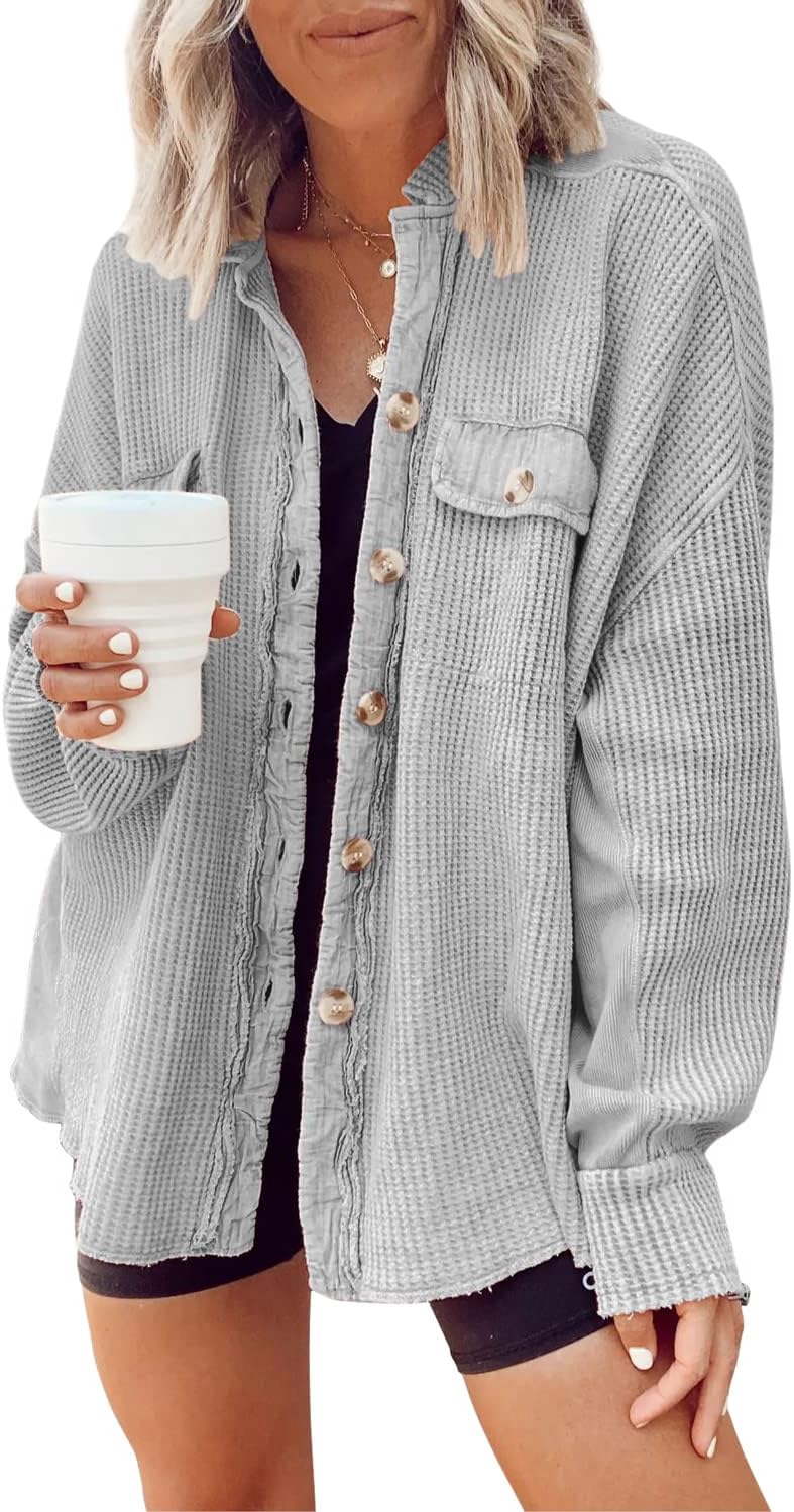 🤲✨ Women's Oversized Waffle Knit Shacket 🧶 – Batwing Sleeve Button Down Casual Shirt Jacket 🍂🤎