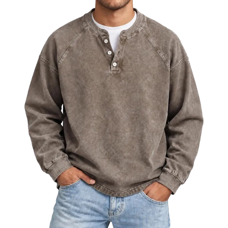 Distressed Washed Cotton Henley Long Sleeve Shirts