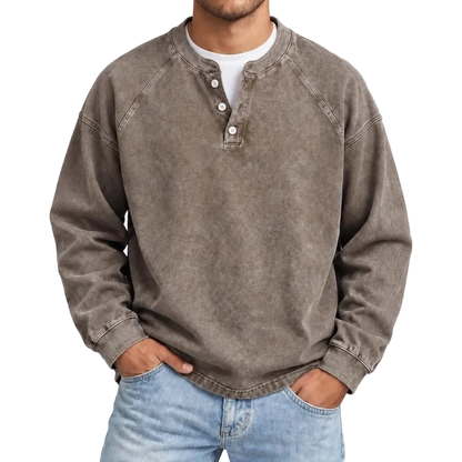 Distressed Washed Cotton Henley Long Sleeve Shirts