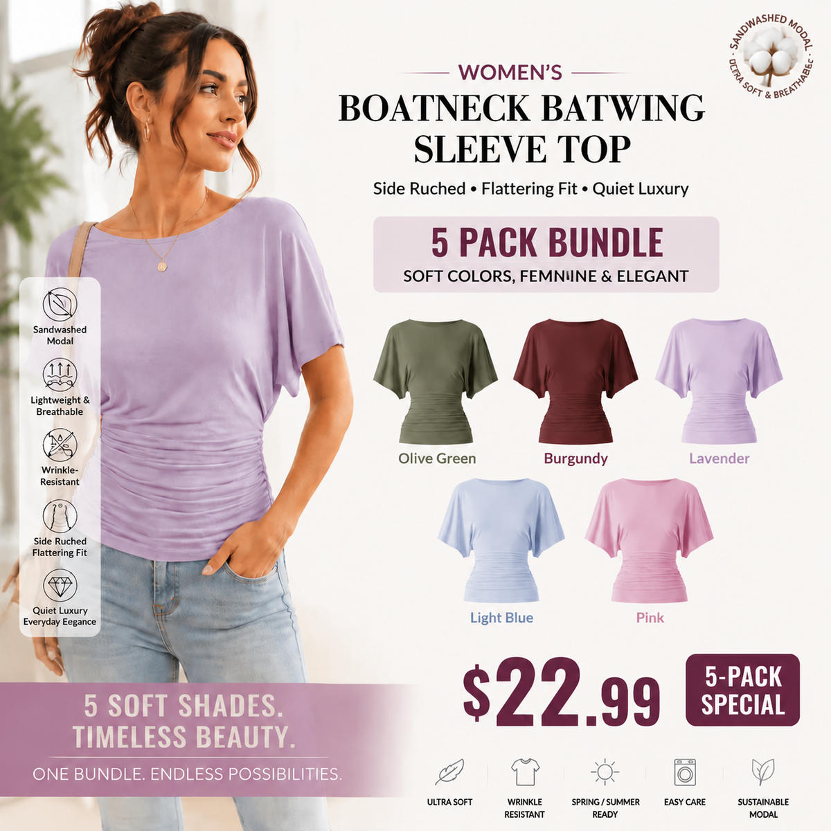 Women's Boatneck Batwing Sleeve Top