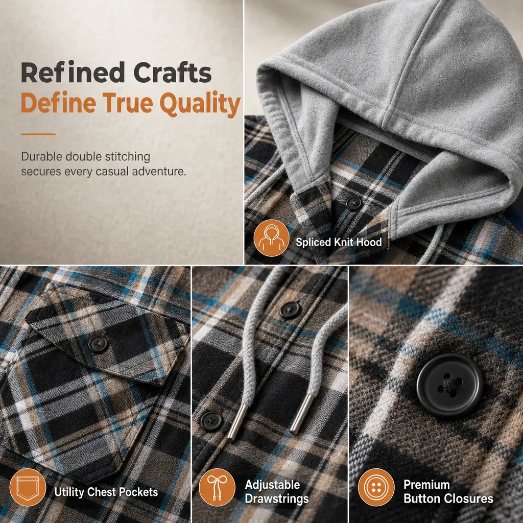 Men's Plaid Zip Up Hoodie Loose Fit American Style Brushed Hooded Sweatshirt
