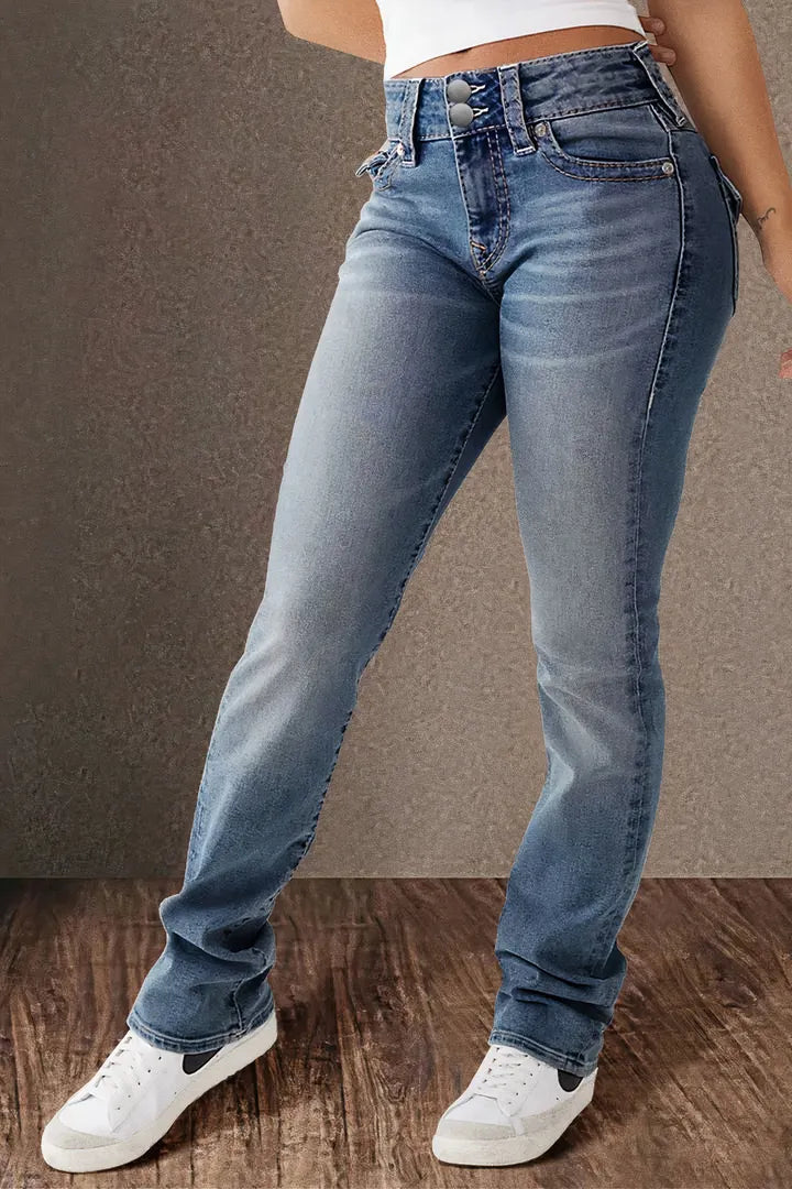 Double Button Mid Waist Straight Leg Jeans
