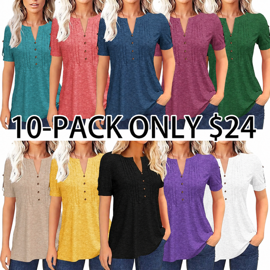 Women's V Neck T Shirt – Casual Pleated Button Top, Loose Fit Shor