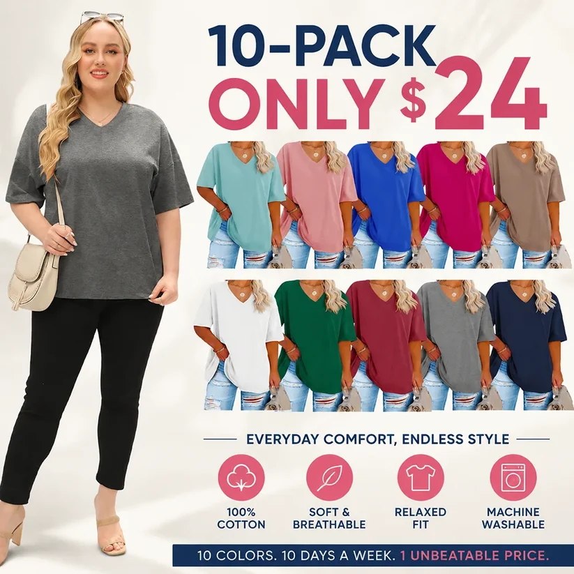 Women's Oversized Short Sleeve V-Neck Blouse – Lightweight Casual Summer Top