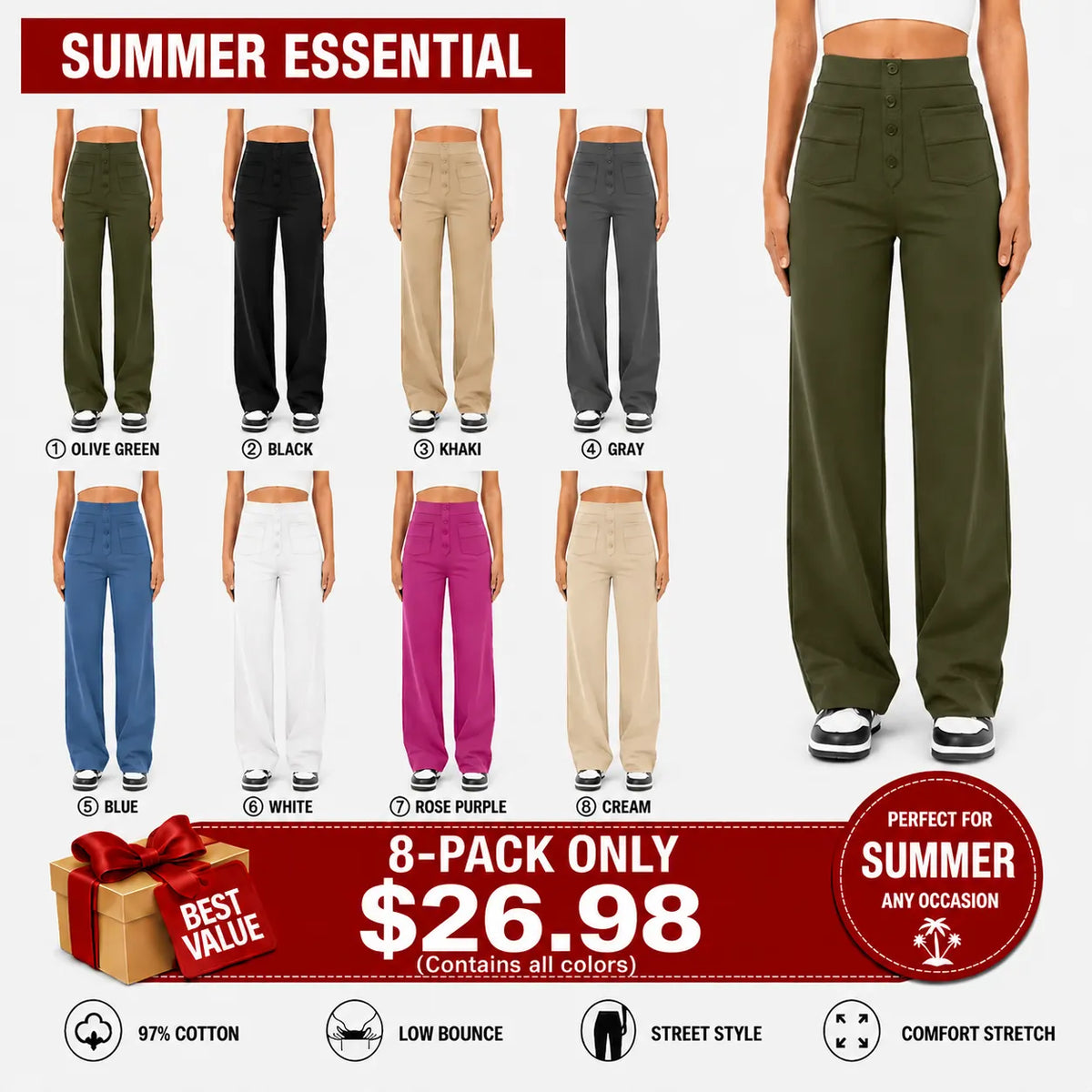 High Waisted Button Multiple Pockets Straight Leg Casual Pants