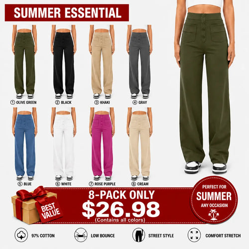 High Waisted Button Multiple Pockets Straight Leg Casual Pants