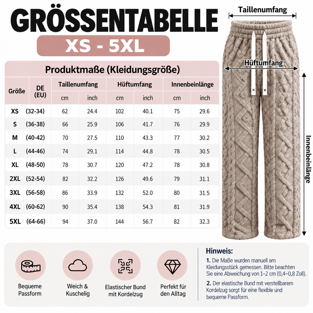 Damen Kuschelige Zopfmuster-Wollhose mit weitem Bein – 100 % Wolle
